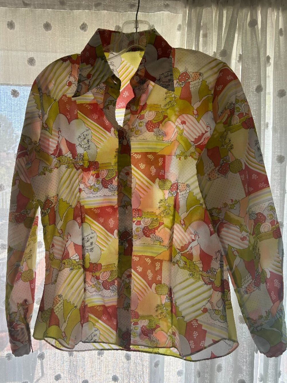 Vintage 70's Sheer Patchwork Print Dagger Collar Blouse Size S M ? Novelty